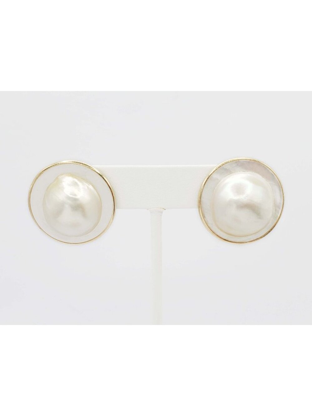 26.2mm Wide Mabe Blister Pearl Cabochon Omega Pierced Earrings 14k Gold